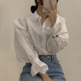 White Elegant Puff Sleeve Blouse Women Spring Lapel Neck Single Breasted Blusas Mujer Loose All Match Shirts Tops-Outfit