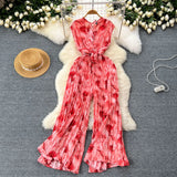 Fongt Ins Wear A Female Senior Sense Sleeveless V-Neck Tie Strap To The Belt Print Loose Broad Legs 100-Folded Jump-Fitting Trousers