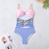 2025 New Sling With Breast-Plated Hollow Swimsuit Women's Half-Body Dress Two-Piece