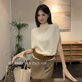 Fongt Xixi 2025 Autumn New White Standard Temperament High-Neck Solid Color Knit Shirt Short-Sleeve Top Lady 25368