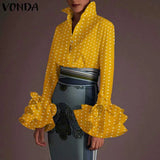 Autumn Women's Blouses Vintage Demin Shirts VONDA 2022 Fashion Pagoda Sleeve Tops Lapel Casual Loose Solid Blusas Femininas