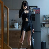 Single Breasted Black Tops Women Summer New Sun Protection Mesh Cardigans Y2k E-Girl Long Sleeve Mid-length Blouses-Outfit