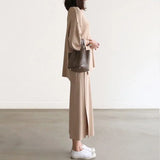 Fongt Wind Knitted Set Of Trousers Autumn New V-Neck Top + Open Wide Leg Pants Fashion Temperament Two-Set