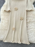 Fongt And Autumn Temperament Three-Dimensional Flowers V-Neck Long-Sleeved Knitted Dress Elegant