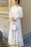 Sleeve Dress Women Lace Patchwork Autumn New Fashion Aesthetic Thick All-match Leisure Tender Simple Cozy Female