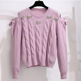 Women Autumn Winter Two Pieces Set Sweet Floral Embroidery Off The Shoulder Long Sleeve Knitted Sweater And Tweed Skirts
