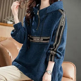 Korean Letter Spliced Pullovers Autumn Winter Women's Clothing Hooded Zipper Chic Drawstring Casual Pockets Sweatshirts-Outfit
