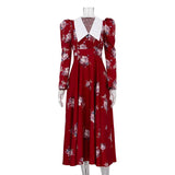 Fongt Women's Wear 2024 New Retro Print Large Pendulum Dress Temperament Waist Slim Dress-Outfit