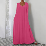 Fongt New Long Dress Casual Loose Short Sleeve Pure Color V Collar Body Size Dress