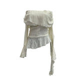 Fongt Ballet Style Shoulder Fold Texture Texture Coat Irregularly Ribbon Horn Sleeve Short Shirt 1158