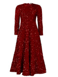 Fongt New Women's Round-Necked Long-Sleeved Solid-Colored Bright-Waisted High-Rise Dress Dress Dress