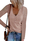 Fongt Autumn New Women's Button Vest Solid Color V-Neck Long-Sleeved T-Shirt Top