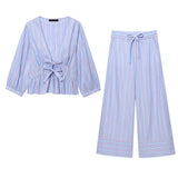 Fongt New Female Decoration Bows Striped V Collar Short Shirt Casual Trousers Set