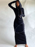 Sleeve Hooded Patchwork Skinny Maxi