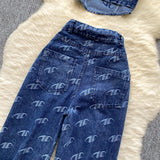 Fongt Style Metal Buckle Printing Design Chest Vest + High Waist Lanky Pants Cowboy Suit