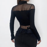 Black Hollow Out Bodysuit Mesh Patchwork Solid Full Sleeve See Through Bodycon Jumpsuit for Women Club Party Outfits Lady-Outfit