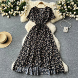 Fongt Piece Of V-Neck Tie With Short Sleeves Of Broken Flower Dress Women's Summer Thin Temperament French Dress