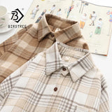Spring Vintage Woolen Plaid Jackets Full Sleeve Turn-Down Collar Button Up Pockets Shirts Autumn Casual Basic Outwear