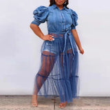 Fongt New Large-Size Women's Dress Open Shirt Temperament Commuting Blue Denim Splicing Cloth