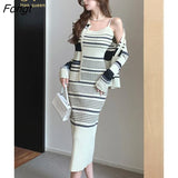 Han Queen Autumn Winter Vestido Korean 2 Pieces Cardigan Coat And Striped Party Professional Dress Women Sheath Pencil