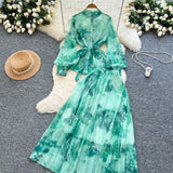 Fongt Temperament Two Sets Of Female High-Grade Style Straps To The Waist Lantern Sleeve Print Chiffon Top + High Waist Skirt