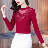 Fongt Photo # Autumn / Winter Long Sleeve And Velvet Top Women's High-End T-Shirt With A Versatile Lace Bottom Shirt-Outfit