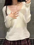 Women Solid Color Knit Sweaters 2023 Autumn Chic Long Sleeves V-Neck Sweaters Causal Female Crop Knitwears-Outfit
