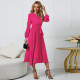 Fongt Thin Women's New Long-Sleeved Slim 100-Folded Belt V-Neck Dress A-Dress