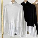 New 2021 Women Autumn Winter Sweaters Knitted Turtleneck Patchwork Irregular Vintage Wild Pullovers Short Tops