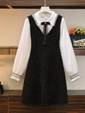 Women French Vintage Dresses Sets Korean Casual Turn Down Collar Long Sleeve Blouse+tweed Vest Dress Two Pieces