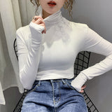 thick t shirt female full hooking sleeve velvet T-shirt girls slim stretchy solid tshirts woman turtleneck tops-Outfit