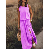 Fongt 2025 Summer Women's Fashion Trend Retro Round-Neck Sleeveless Forked Solid Color Two-Piece