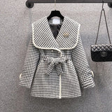 Women Autumn Winter Long Sleeve Coats Sailor Collar Plaid Tweed Jacket Korean High Waist Outwear Woolen