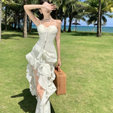 Fongt Dress Vertical Cut Irregular Level Sense Flounce Sexy Halter Dress-Outfit