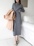 New 2022 Autumn Winter Women Dresses Turtleneck Oversize Drawstring Knitted Elegant Wild Ladies Long Dresses