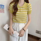 Chic Chromic Design With A Chic Polo Collar Knitted Shirt For Women's Summer T-Shirt Striped Short