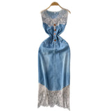 Fongt Lace Splicing V-Neckless Denim Dress Women's Summer Senior Feeling Lanky Dress