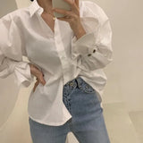 White Elegant Puff Sleeve Blouse Women Spring Lapel Neck Single Breasted Blusas Mujer Loose All Match Shirts Tops-Outfit