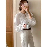 Fongt Korea Dongdaemun 2024 New Splicing Hollow Lace Shirt Women Spring And Autumn Pure Color Sweet Round