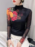 Winter Locating Printed Floral Mesh T-shirt Tee Lady Turtleneck Long Sleeve Double Layered Base T Shirts-Outfit