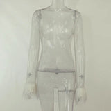 Women Sexy See Through Mesh Dress Feather Trim Long Sleeve Round Neck Hollow Out Mini Dresses for Party Club