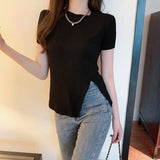 Fongt Summer Wear New Net Red Ins Super Fire Slim Versatile Side Slit Black Short-Sleeved T-Shirt Women's Chic Top