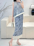 Fongt Folded New Middle-Chai Porcelain Printing Wrinkles Daily Commute Flower Vest Dress Suit Woman