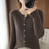 Fongt Long Sleeve Spring And Autumn New Round Collar Cardigan Women's Jacket Slim Soft Waxy Bottom Coat Thin Sweater-Outfit