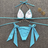 Bikini 2021 Mujer Women Solid Crystal Diamond Swimsuit Female Luxury Metal Chain Bandage Bathing Suit Thong