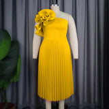 Fongt Fashion Three-Dimensional Flower Dress Sexy Shoulder Slanted Hundredfolded Dresses
