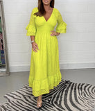 Fashion V Collar Horn Sleeves Cotton Lep Cotton Leprosy Dress
