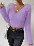 Fongt And Winter New Solid Color V-Neck Repair With Plush Short Lady Sweater