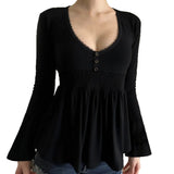 Fongt Lust Wind Base Solid Color V-Neck Lace Lace Bottom Long-Sleeved Girl Feel Perfect Waist Top