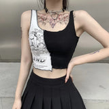 Fongt Personality Splicing Contrast Color Print Outside The Top Female Ins Inside The Lace Female Student Sling Shirt Tide-Outfit